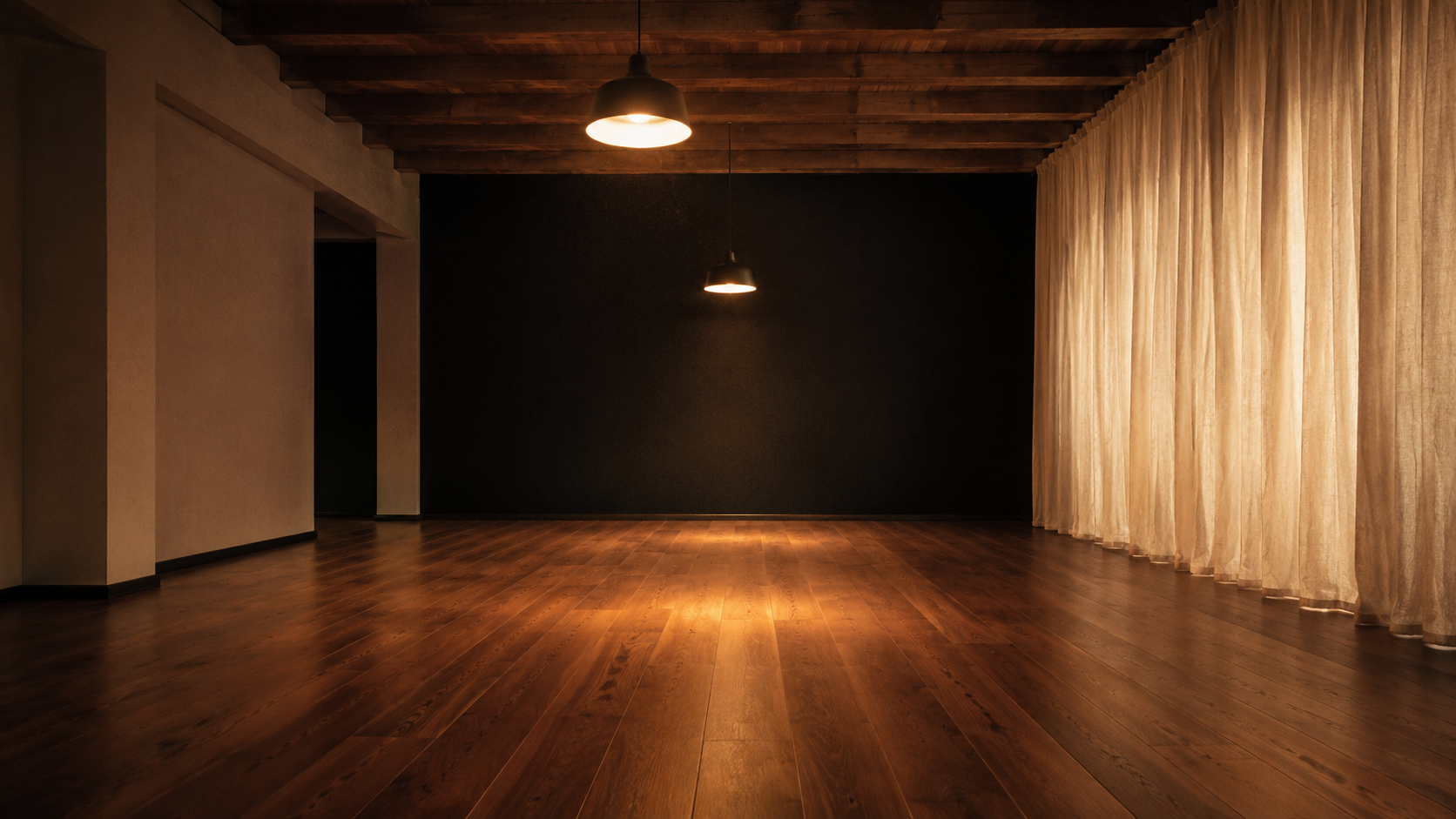 Vue plongeante du studio, perspective basse, double lumière tungstène, plancher walnut